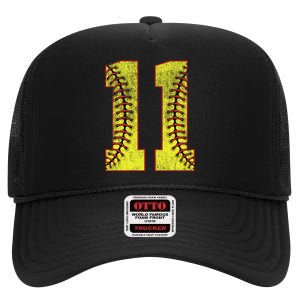 11th Birthday Party Eleven 11 Year Old Softball Bday High Crown Mesh Back Trucker Hat