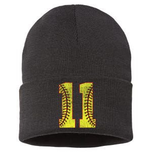 11th Birthday Party Eleven 11 Year Old Softball Bday Sustainable Knit Beanie