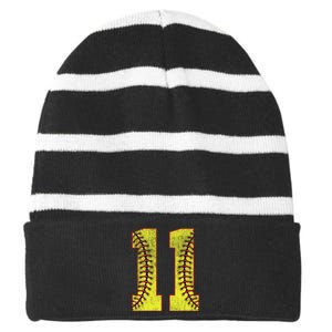 11th Birthday Party Eleven 11 Year Old Softball Bday Striped Beanie with Solid Band