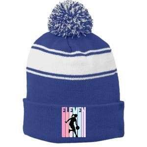 11th Birthday Retro Basketball Player 11 Years Old Stripe Pom Pom Beanie