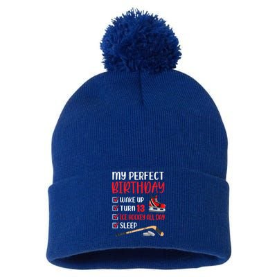 13th Birthday Retro Ice Hockey 13 Years Old Pom Pom 12in Knit Beanie