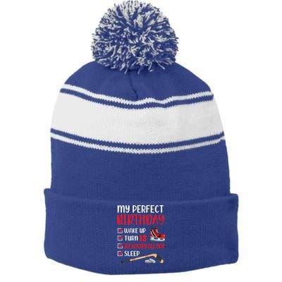 13th Birthday Retro Ice Hockey 13 Years Old Stripe Pom Pom Beanie