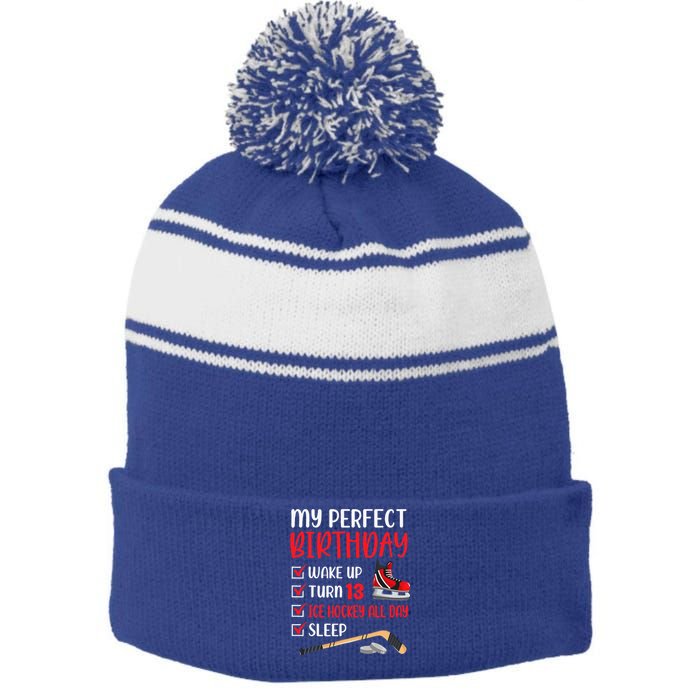 13th Birthday Retro Ice Hockey 13 Years Old Stripe Pom Pom Beanie