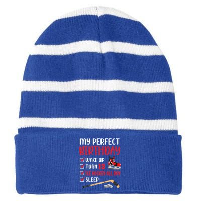 13th Birthday Retro Ice Hockey 13 Years Old Striped Beanie with Solid Band