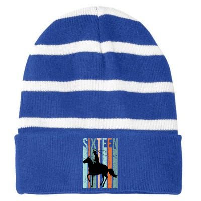 16th Birthday Retro Rodeo Horse Lovers Cow Rider Teen Gift Striped Beanie with Solid Band