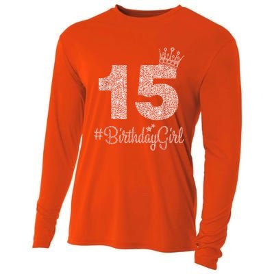 15 #BirthdayGirl Sweet fifteen 15th Pink Crown Tee for Girl Cooling Performance Long Sleeve Crew