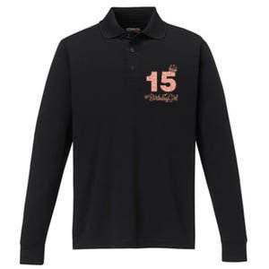 15 #BirthdayGirl Sweet fifteen 15th Pink Crown Tee for Girl Performance Long Sleeve Polo