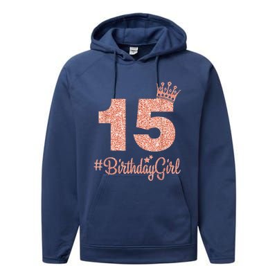 15 #BirthdayGirl Sweet fifteen 15th Pink Crown Tee for Girl Performance Fleece Hoodie