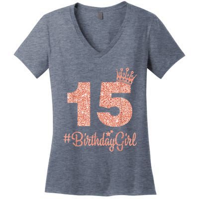 15 #BirthdayGirl Sweet fifteen 15th Pink Crown Tee for Girl Women's V-Neck T-Shirt