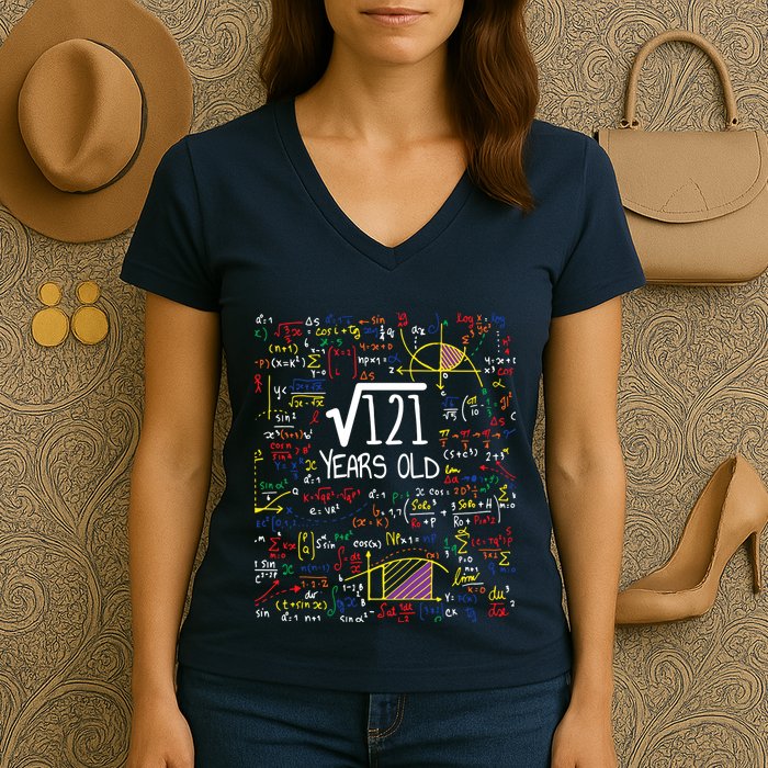 11th Birthday Square Root Of 121 11 Years Old Math Lover Women's V-Neck T-Shirt