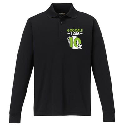 10th Birthday Soccer Themed Birthday 10 Years Old Performance Long Sleeve Polo