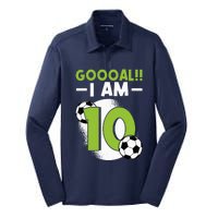 10th Birthday Soccer Themed Birthday 10 Years Old Silk Touch Performance Long Sleeve Polo