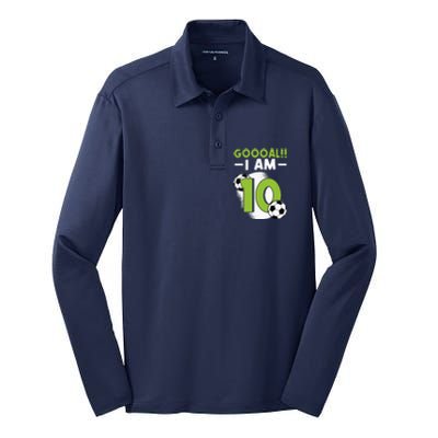 10th Birthday Soccer Themed Birthday 10 Years Old Silk Touch Performance Long Sleeve Polo