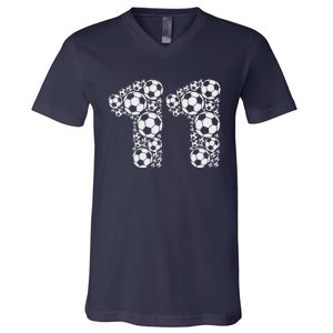 11th Birthday Soccer Graphic 11 Years V-Neck T-Shirt