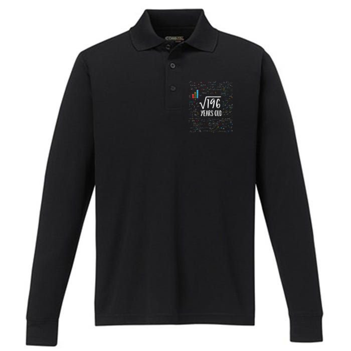 14th Birthday Square Root Of 196 Math Performance Long Sleeve Polo