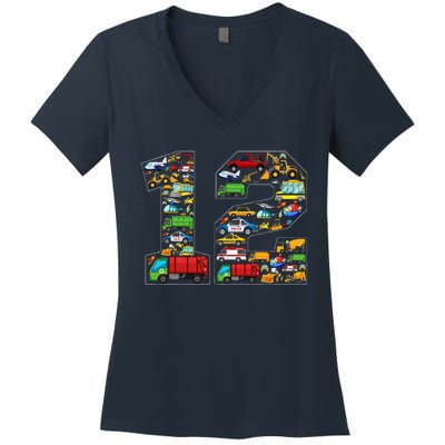 12th Birthday Transportation 12 Year Old Party Women's V-Neck T-Shirt