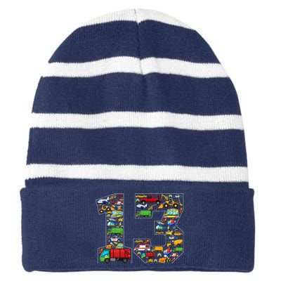 13th Birthday Transportation 13 Year Old Party Striped Beanie with Solid Band