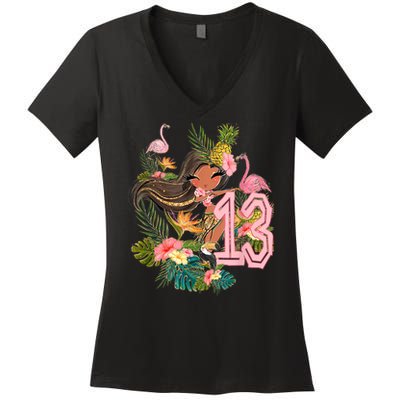 13th Birthday Tiki Party Pool Summer Hula Hawaiian Luau Friend Women's V-Neck T-Shirt
