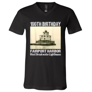 100th Birthday West Breakwater Lighthouse Fairport Harbor V-Neck T-Shirt