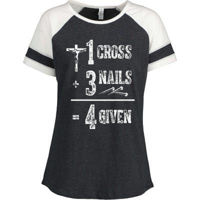 1 Cross + 3 Nails = 4 Given Forgiven Christian Jesus Christ Enza Ladies Jersey Colorblock Tee