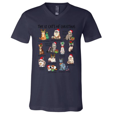 12 Cats Of Christmas Funny Christmas Cat Lover Xmas Holiday V-Neck T-Shirt