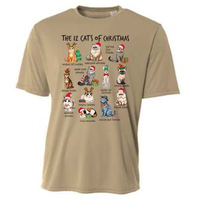 12 Cats Of Christmas Funny Christmas Cat Lover Xmas Holiday Cooling Performance Crew T-Shirt