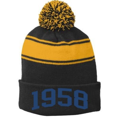 1958 Classic Vintage Grey, 65th Birthday Present Gifts Stripe Pom Pom Beanie