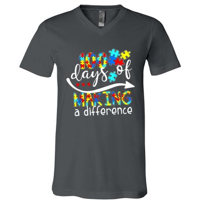 100 Days 100th Day Of School Teacher Autism Awareness Gift V-Neck T-Shirt