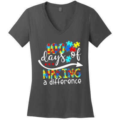 100 Days 100th Day Of School Teacher Autism Awareness Gift Women's V-Neck T-Shirt