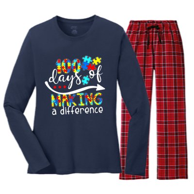 100 Days 100th Day Of School Teacher Autism Awareness Gift Women's Long Sleeve Flannel Pajama Set 