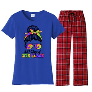 100 Days 5th Grade Messy Bun 100th Day Being Smarter Tie Dye Gift Women's Flannel Pajama Set