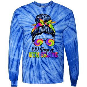 100 Days 5th Grade Messy Bun 100th Day Being Smarter Tie Dye Gift Tie-Dye Long Sleeve Shirt