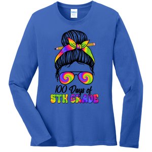 100 Days 5th Grade Messy Bun 100th Day Being Smarter Tie Dye Gift Ladies Long Sleeve Shirt