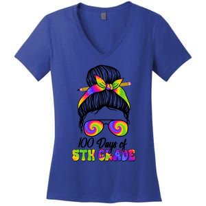 100 Days 5th Grade Messy Bun 100th Day Being Smarter Tie Dye Gift Women's V-Neck T-Shirt