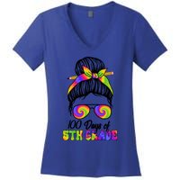 100 Days 5th Grade Messy Bun 100th Day Being Smarter Tie Dye Gift Women's V-Neck T-Shirt