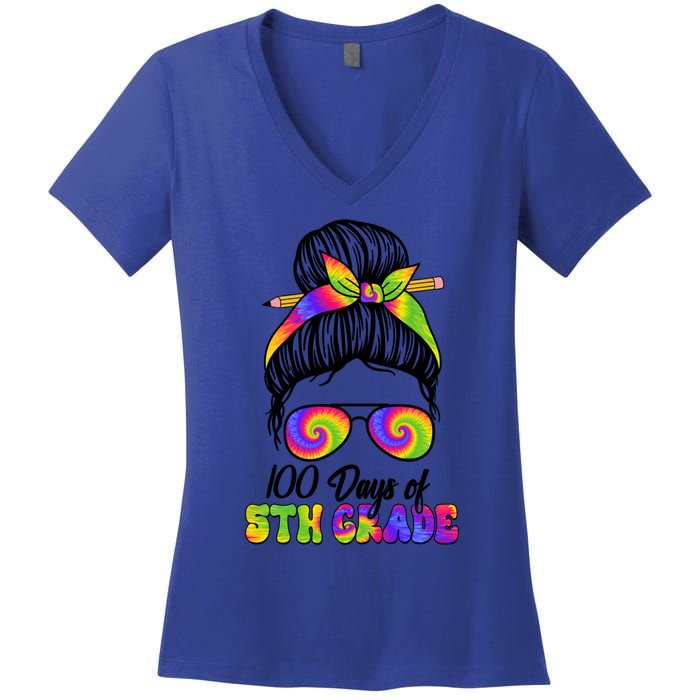 100 Days 5th Grade Messy Bun 100th Day Being Smarter Tie Dye Gift Women's V-Neck T-Shirt