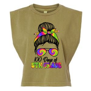 100 Days 5th Grade Messy Bun 100th Day Being Smarter Tie Dye Gift Garment-Dyed Women's Muscle Tee