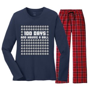 100 Days and having a ball Soccer 100th Day Women's Long Sleeve Flannel Pajama Set 