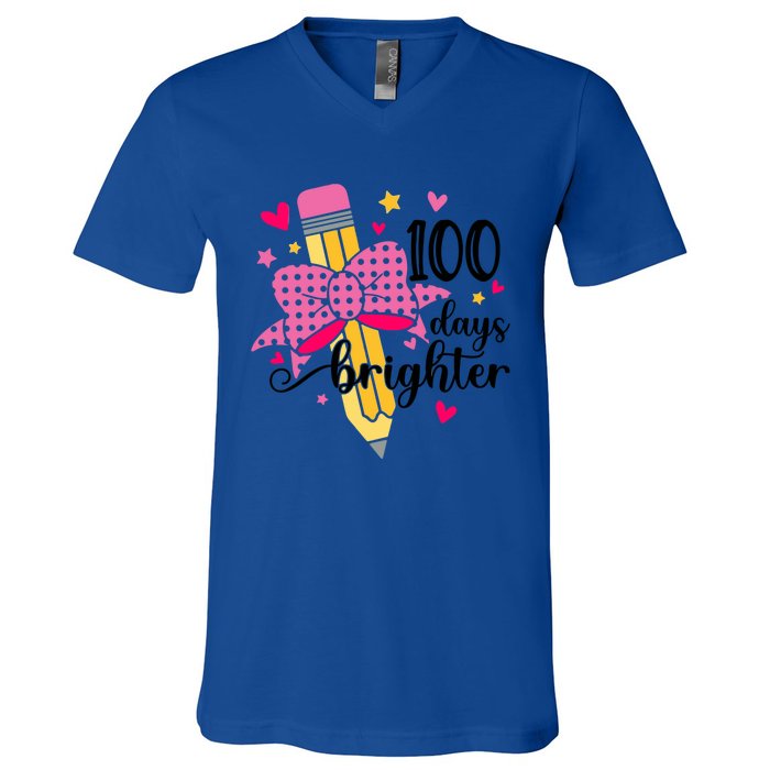 100 Days Brighter Pencil Headband 100th Day Of School Meaningful Gift V-Neck T-Shirt