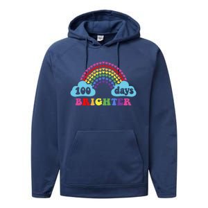 100 Days Brighter Rainbow Happy 100 Days Of School Groovy Cool Gift Performance Fleece Hoodie