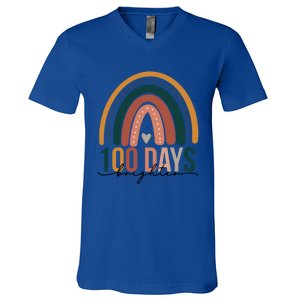 100 Days Brighter Rainbow Teacher 100th Day Of School Retro Gift V-Neck T-Shirt