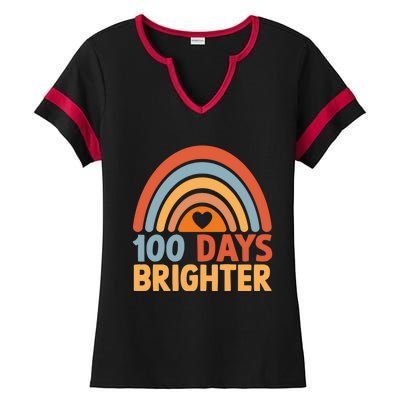 100 Days Brighter Teacher 100th Day Of School Rainbow Gift Ladies Halftime Notch Neck Tee