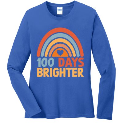 100 Days Brighter Teacher 100th Day Of School Rainbow Gift Ladies Long Sleeve Shirt