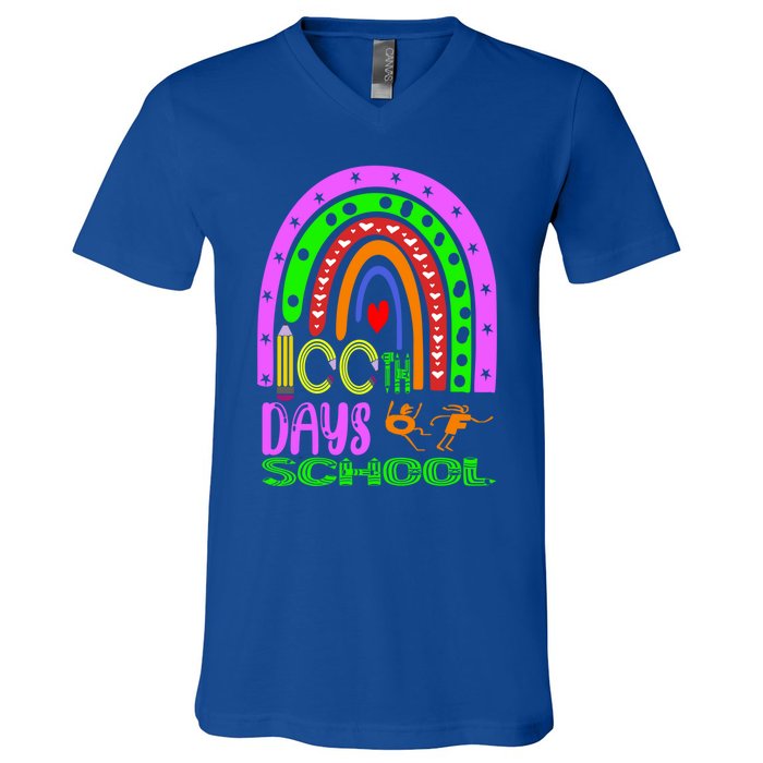 100 Days Brighter Teacher Student 100 Days Of School Rainbow Cool Gift V-Neck T-Shirt