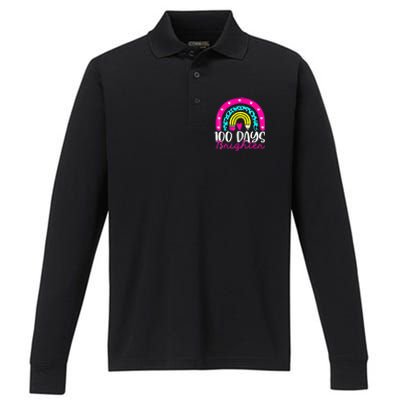 100 Days Brighter Teacher Student 100 Days Of School Rainbow Cute Gift Performance Long Sleeve Polo