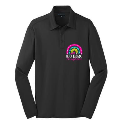 100 Days Brighter Teacher Student 100 Days Of School Rainbow Cute Gift Silk Touch Performance Long Sleeve Polo