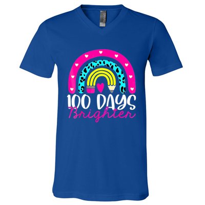 100 Days Brighter Teacher Student 100 Days Of School Rainbow Cute Gift V-Neck T-Shirt