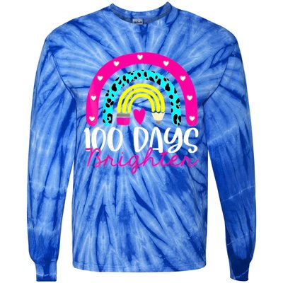 100 Days Brighter Teacher Student 100 Days Of School Rainbow Cute Gift Tie-Dye Long Sleeve Shirt