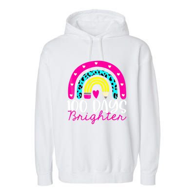 100 Days Brighter Teacher Student 100 Days Of School Rainbow Cute Gift Garment-Dyed Fleece Hoodie