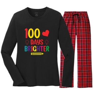 100 Days Brighter Teacher Student 100 Days Of School Women's Long Sleeve Flannel Pajama Set 